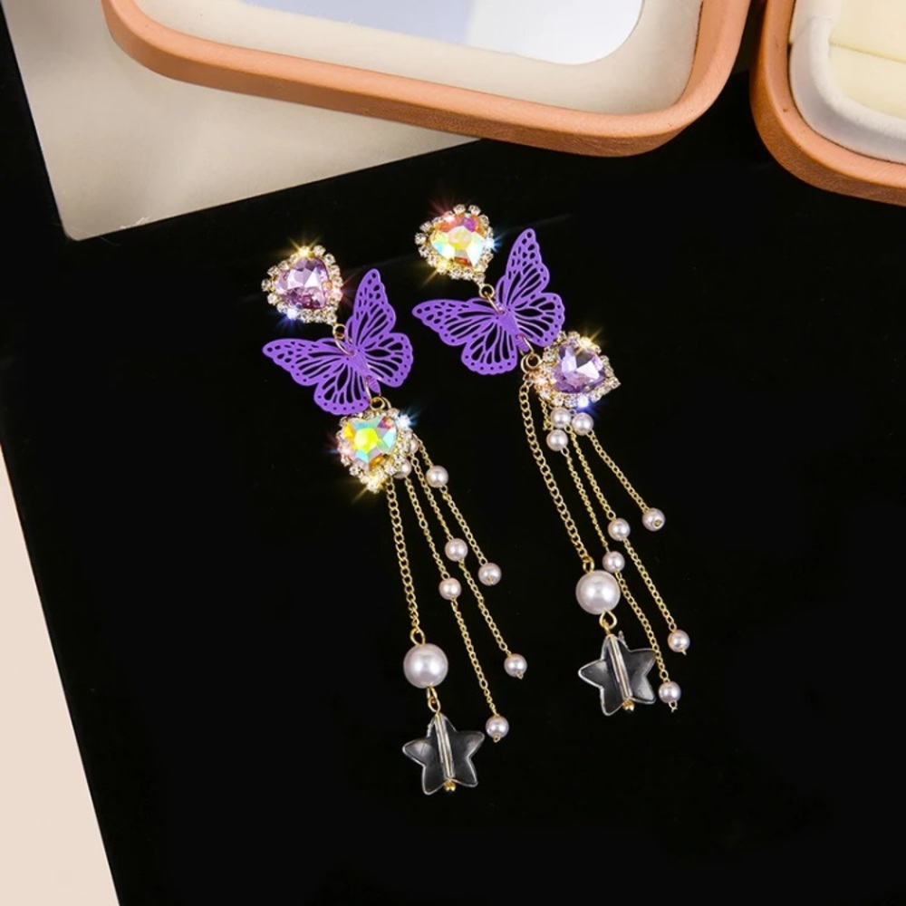 🌟 Beautiful Butterfly 🦋 Long Crystals Earrings